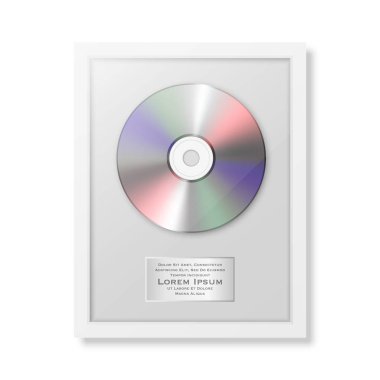 Gerçekçi vektör cd ve beyaz arka plan üzerinde izole parlak beyaz çerçeve simgesi closeup etiketinde. Tek albümde disk Ödülü. Tasarım şablonu. Hisse senedi vektör mockup. Eps10.
