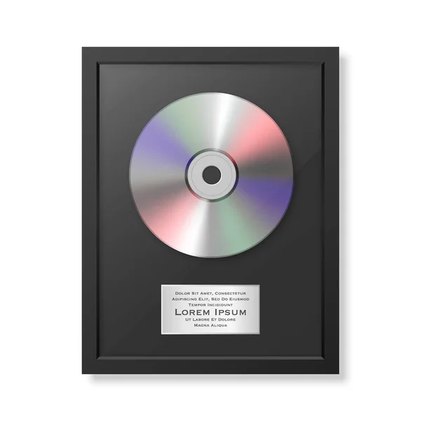 Realistisk vektor cd och etikett i glänsande svart ram ikon närbild isolerad på vit bakgrund. Enda album disc award. Formgivningsmall. Lager vektor mockup. Eps10. — Stock vektor