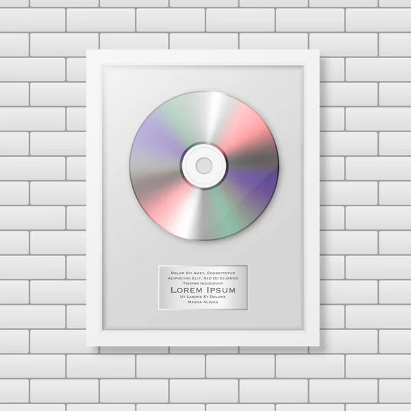 Realistisk vektor cd och etikett i glansig vit ram ikon närbild på vitt tegel vägg bakgrund. Enda album disc award. Formgivningsmall. Lager vektor mockup. Eps10. — Stock vektor