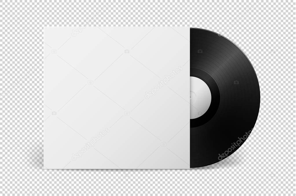 Realistic empty music gramophone vinyl LP record with cover icon closeup isolated on transparent background. Design template of retro long play for advertising, branding, mockup. Stock vector. EPS10.