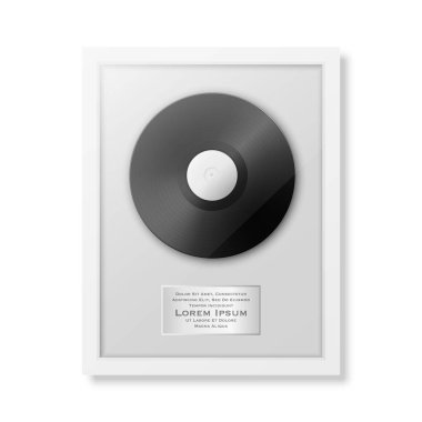 Gerçekçi vektör Lp ve beyaz arka plan üzerinde izole parlak beyaz çerçeve simgesi closeup etiketinde. Tek albümde disk Ödülü. Tasarım şablonu. Hisse senedi vektör mockup. Eps10.