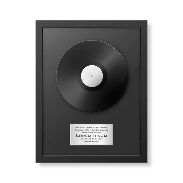 Realistic vector LP and label in glossy black frame icon closeup isolated on white background. Single album disc award. Design template. Stock vector mockup. EPS10. — Stock Vector