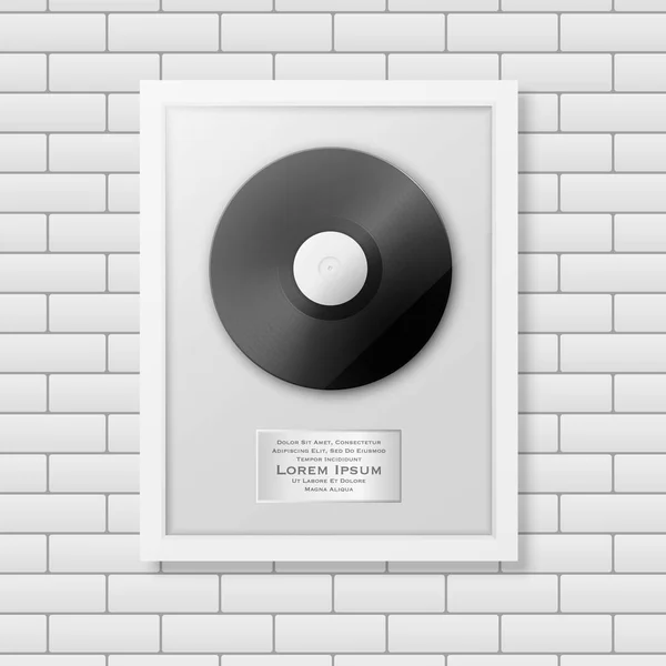 Realistisk vektor Lp och etikett i glansig vit ram ikon närbild på vitt tegel vägg bakgrund. Enda album disc award. Formgivningsmall. Lager vektor mockup. Eps10. — Stock vektor