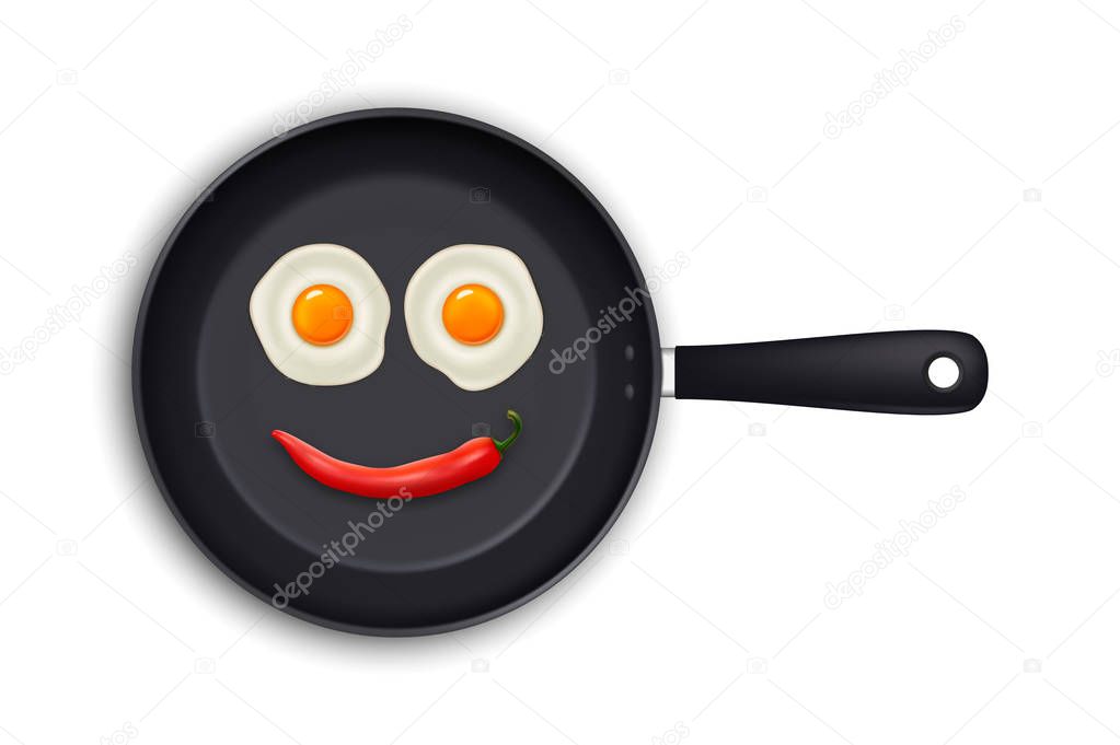 Two realistic fried eggs and red hot chili pepper laid out in the form of an emoticon in a black frying pan icon closeup isolated on white background. Design template. Stock vector mockup. EPS10.