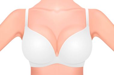 Beyaz arka plan üzerinde izole beyaz sütyen yakın çekim güzel gerçekçi kadın meme. Tasarım şablonu. Kadın sağlığı, Hijyen Intimate, meme kanseri bilinçlendirme kavramı. Hisse senedi vektör mockup. Eps10.