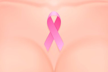 Pembe kurdele yakın çekim ile güzel gerçekçi kadın meme. Tasarım şablonu. Meme Kanseri Bilinçlendirme kavramı. Hisse senedi vektör arka plan. Eps10.