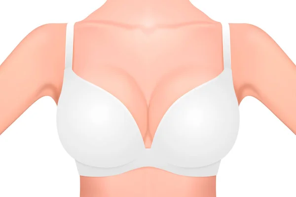 Hermoso pecho femenino realista en un sujetador blanco primer plano aislado sobre fondo blanco. Plantilla de diseño Salud de la mujer, higiene íntima, concepto de conciencia sobre el cáncer de mama. Una maqueta vectorial. EPS10 . — Vector de stock