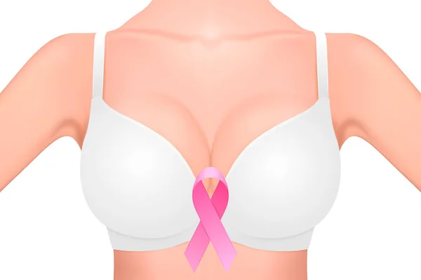 Hermoso pecho femenino realista en un blanco con cinta rosa primer plano aislado sobre fondo blanco. Plantilla de diseño Concepto de conciencia sobre el cáncer de mama. Vector de acciones. EPS10 . — Archivo Imágenes Vectoriales