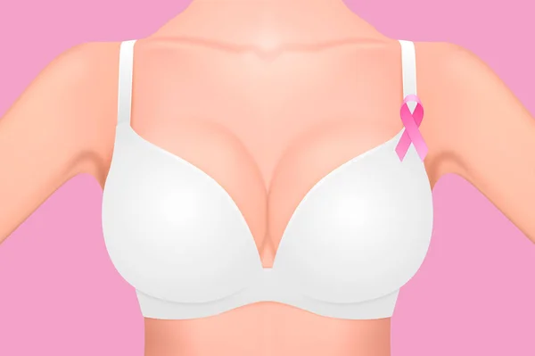 Bela mama feminina realista em um branco com fita rosa close-up no fundo rosa. Modelo de design. Conceito de Consciência do Câncer de Mama. Vetor de estoque. EPS10 . — Vetor de Stock