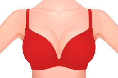 Beyaz arka plan üzerinde izole kırmızı sutyen yakın çekim güzel gerçekçi kadın meme. Tasarım şablonu. Kadın sağlığı, Hijyen Intimate, meme kanseri bilinçlendirme kavramı. Hisse senedi vektör mockup. Eps10.