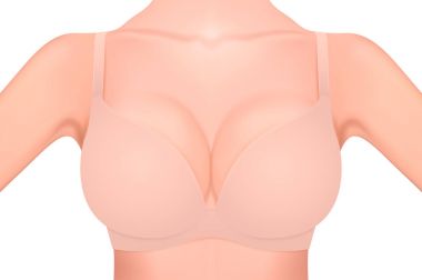 Beyaz arka plan üzerinde izole bej sutyen yakın çekim güzel gerçekçi kadın meme. Tasarım şablonu. Kadın sağlığı, Hijyen Intimate, meme kanseri bilinçlendirme kavramı. Hisse senedi vektör mockup. Eps10.