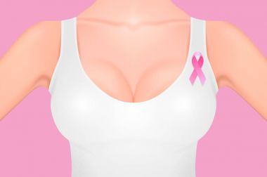 Bir beyaz kolsuz bluz pembe pembe kurdele yakın çekim ile güzel gerçekçi kadın meme. Tasarım şablonu. Meme Kanseri Bilinçlendirme kavramı. Hisse senedi vektör. Eps10 illüstrasyon