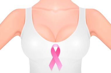 Bir beyaz kolsuz bluz pembe kurdele yakın çekim beyaz arka plan üzerinde izole ile güzel gerçekçi kadın meme. Tasarım şablonu. Meme Kanseri Bilinçlendirme kavramı. Hisse senedi vektör. Eps10 illüstrasyon