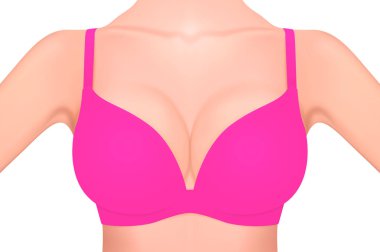 Beyaz arka plan üzerinde izole pembe sutyen yakın çekim güzel gerçekçi kadın meme. Tasarım şablonu. Kadın sağlığı, Hijyen Intimate, meme kanseri bilinçlendirme kavramı. Hisse senedi vektör mockup. Eps10.