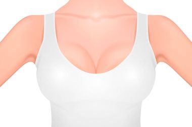 Beyaz izole beyaz kolsuz bluz yakın çekim güzel gerçekçi kadın meme. Tasarım şablonu. Kadın sağlığı, Hijyen Intimate, meme kanseri bilinçlendirme kavramı. Hisse senedi vektör mockup. Eps10