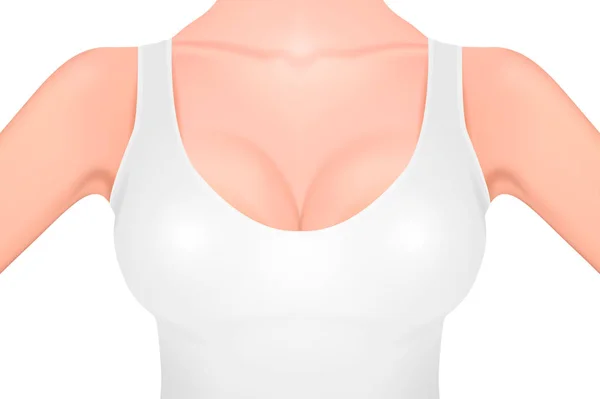 Hermoso pecho femenino realista en un primer plano tanque blanco aislado en blanco. Plantilla de diseño Salud de la mujer, higiene íntima, concepto de conciencia sobre el cáncer de mama. Una maqueta vectorial. EPS10 — Vector de stock