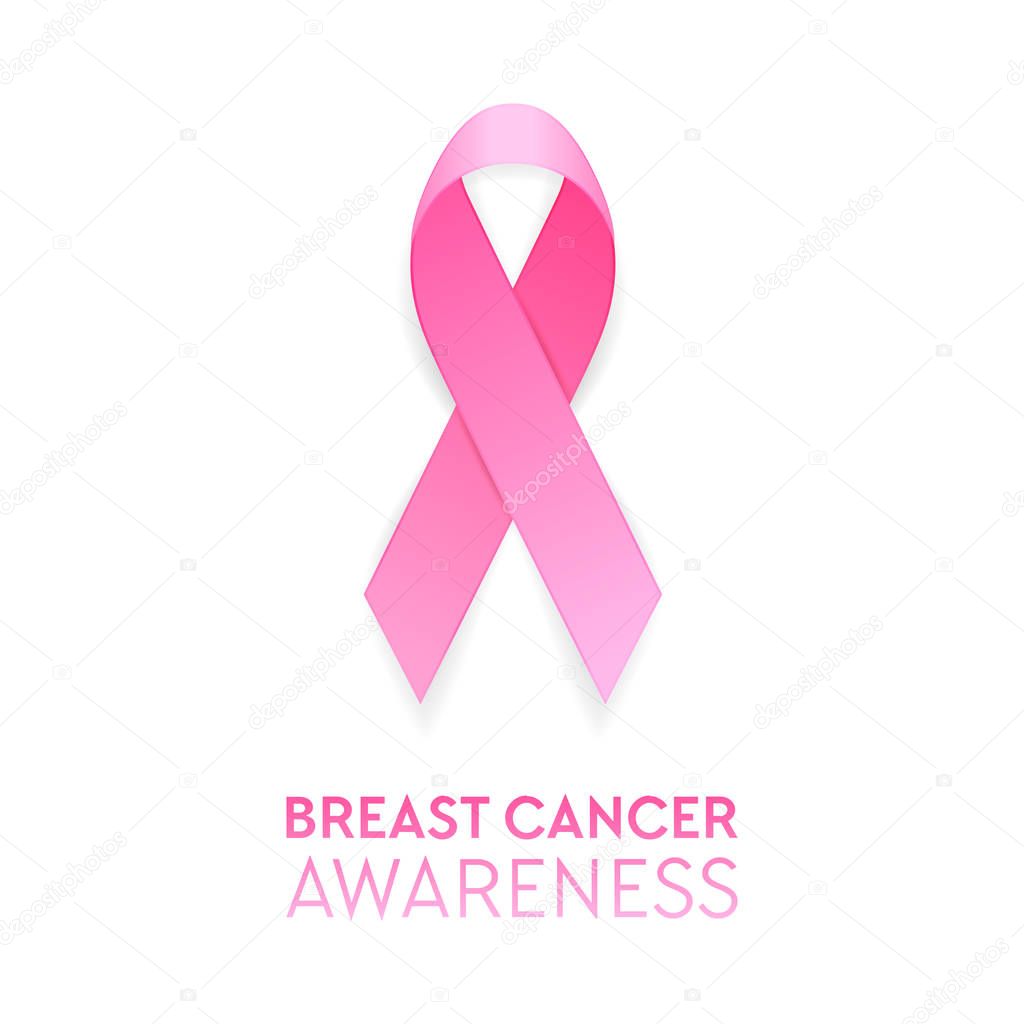 Realistic pink ribbon closeup isolated on white background, breast cancer awareness symbol. Design template for banner, invitation, poster etc. Stock vector illustration, eps10