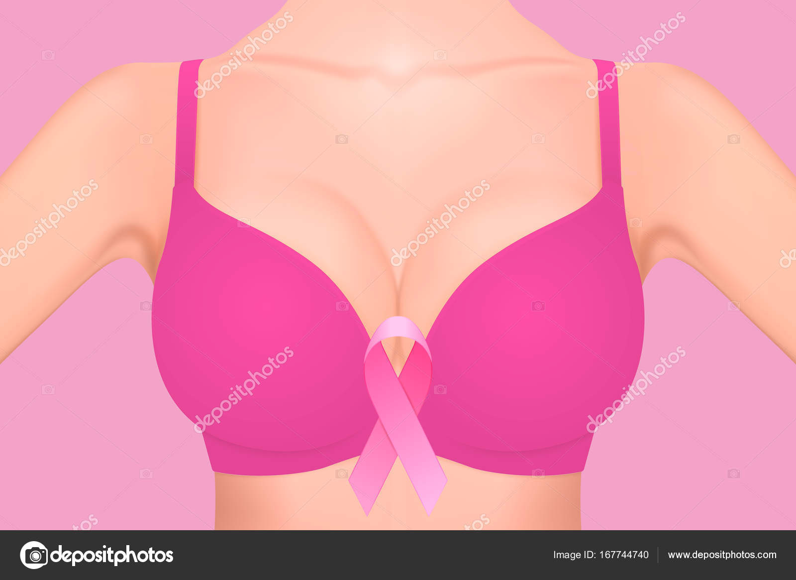 Beautiful realistic female breast in pink bra with pink ribbon