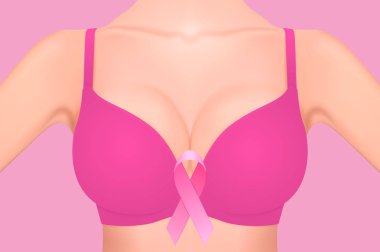 Pembe Pembe pembe kurdele yakın çekim sütyenle güzel gerçekçi kadın meme. Tasarım şablonu. Meme Kanseri Bilinçlendirme kavramı. Hisse senedi vektör. Eps10.