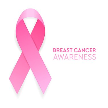 Beyaz arka plan üzerinde Meme Kanseri Bilinçlendirme sembolü izole gerçekçi pembe kurdele portre. Afiş, davetiye, poster vb. için tasarım şablonu. Hisse senedi vektör çizim, eps10