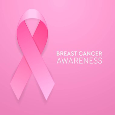 Gerçekçi pembe kurdele closeup pembe arka plan, meme kanseri bilinçlendirme sembolü üzerinde. Afiş, davetiye, poster vb. için tasarım şablonu. Hisse senedi vektör çizim, eps10