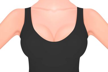 Beyaz izole siyah kolsuz bluz yakın çekim güzel gerçekçi kadın meme. Tasarım şablonu. Kadın sağlığı, Hijyen Intimate, meme kanseri bilinçlendirme kavramı. Hisse senedi vektör mockup. Eps10