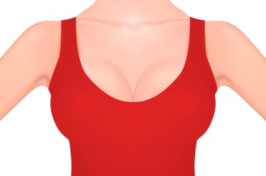 Beyaz izole kırmızı tank top yakın çekim güzel gerçekçi kadın meme. Tasarım şablonu. Kadın sağlığı, Hijyen Intimate, meme kanseri bilinçlendirme kavramı. Hisse senedi vektör mockup. Eps10