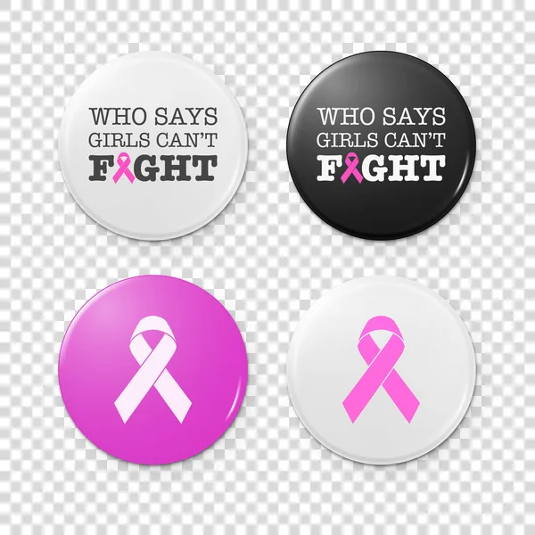 Insignias de botón realistas con inscripción de tema de cáncer y cinta rosa, símbolo de la conciencia del cáncer de mama. Set de iconos. Primer plano aislado. Plantilla de diseño, ilustración de vector de stock, eps10 — Archivo Imágenes Vectoriales