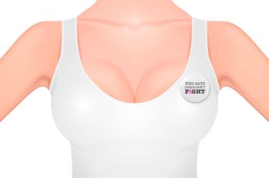 Güzel gerçekçi kadın meme bir beyaz kolsuz bluz ve pembe kurdele - Meme Kanseri Bilinçlendirme sembolü ile düğme rozet-beyaz arka plan üzerinde izole yakın çekim. Hisse senedi vektör. Eps10 illüstrasyon