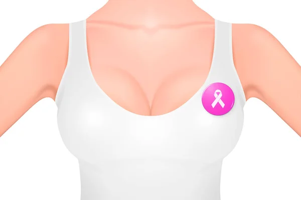 Hermoso pecho femenino realista con una camiseta blanca y una insignia de botón con cinta rosa, símbolo de la conciencia del cáncer de mama, un primer plano aislado sobre fondo blanco. Vector de acciones. Ilustración EPS10 — Archivo Imágenes Vectoriales