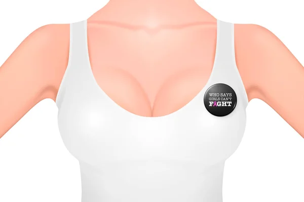 Hermoso pecho femenino realista con una camiseta blanca y una insignia de botón con cinta rosa, símbolo de la conciencia del cáncer de mama, un primer plano aislado sobre fondo blanco. Vector de acciones. Ilustración EPS10 — Vector de stock