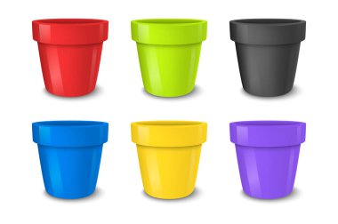 Gerçekçi vektör boş saksıyı ayarla, parlak renkler - kırmızı, yeşil, mavi ve sarı. Beyaz arka plan üzerinde izole kapatmak. Marka, mockup için şablon tasarlayın. Eps10.