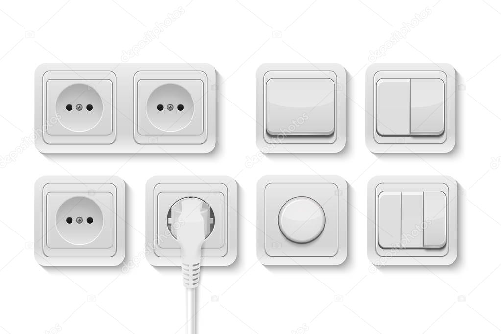 Vector realistic white switches and socket set isolated on white background. Design template in EPS10.