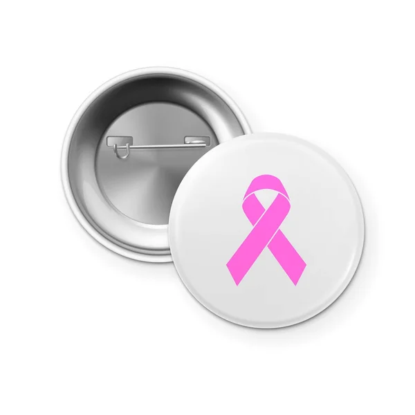 Pulsante realistico distintivo vista anteriore e posteriore con nastro rosa immagine - simbolo di consapevolezza del cancro al seno primo piano isolato su sfondo bianco. Modello di design, mockup. Illustrazione vettoriale stock, eps10 — Vettoriale Stock