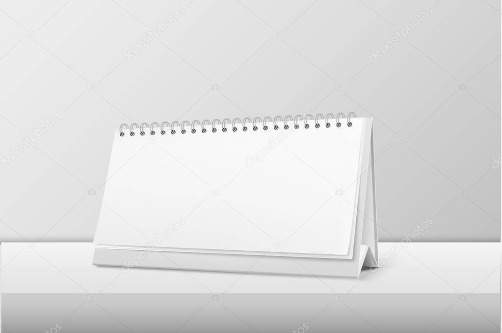 Vector realistic horizontal blank spiral calendar closeup standing on white table. Design template, mockup. Stock vector illustration, eps10.