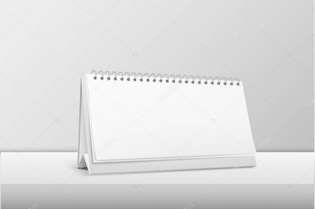 Vector realistic horizontal blank spiral calendar closeup standing on white table. Design template, mockup. Stock vector illustration, eps10