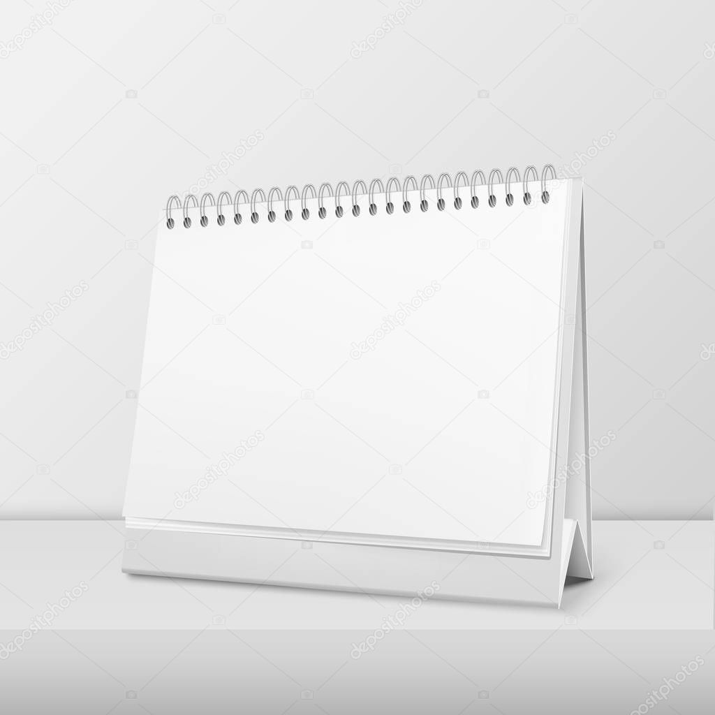 Vector realistic horizontal blank spiral calendar closeup standing on white table. Design template, mockup. Stock vector illustration, eps10.