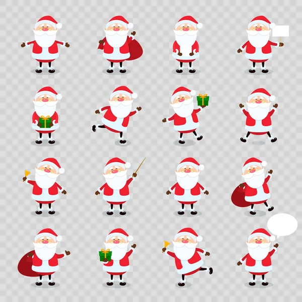 Cute vector Santa Claus icon set in flat style isolated on transparency grid background, christmas collection, xmas and New year character. Funny Santa with different emotions. Design template — Stock Vector