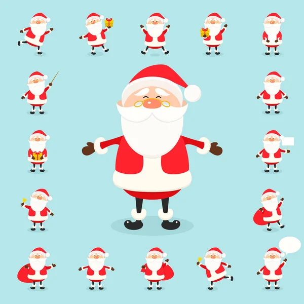 Niedlichen Vektor Santa Claus Symbol in flachen Stil, Weihnachtskollektion, Weihnachten und Neujahr Charakter in verschiedenen Posen gesetzt. Lustiger Weihnachtsmann mit unterschiedlichen Gefühlen. Designvorlage in eps10 — Stockvektor