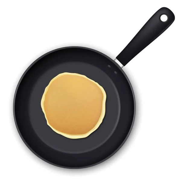 Pancake realistico nella padella primo piano isolato su sfondo bianco, vista dall'alto. Modello di design per la prima colazione, menu gastronomico e concetto di famiglia. Illustrazione vettoriale EPS10 — Vettoriale Stock