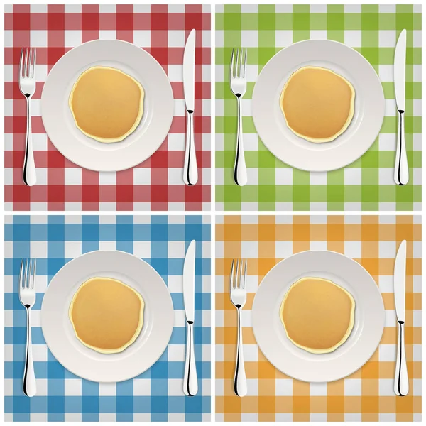 Реалистичный блинчик на белой тарелке с вилкой и ножом, набор иконок. Крупный план, вид сверху. Дизайн искушает завтрак, меню и домашнюю концепцию. Векторная иллюстрация EPS10 — стоковый вектор