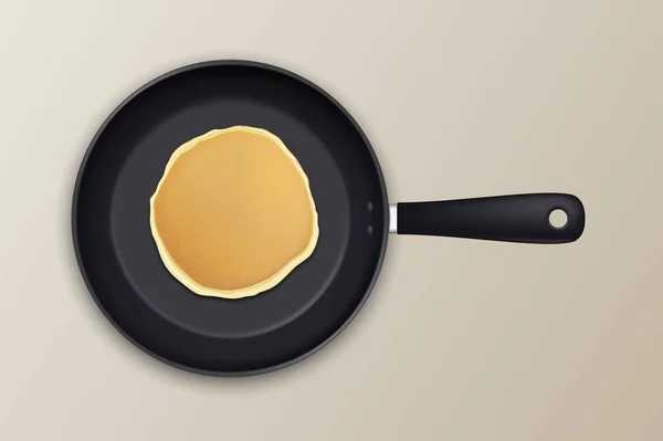 Pancake realistico nell'icona della padella, primo piano, vista dall'alto. Modello di design per la prima colazione, menu gastronomico e concetto di famiglia. Illustrazione vettoriale EPS10 — Vettoriale Stock