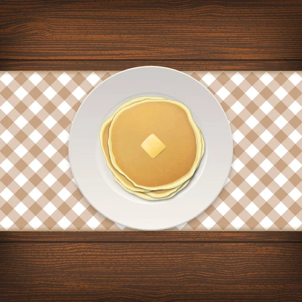 Panqueque realista con un pedazo de mantequilla en un primer plano plato blanco sobre fondo de madera, vista superior. Plantilla de diseño para desayuno, menú de comida y concepto de estilo hogareño. Ilustración del vector EPS10 — Vector de stock