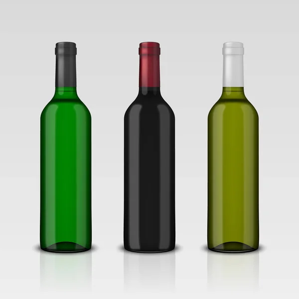 Set de 3 botellas vectoriales realistas de vino sin etiquetas aisladas sobre fondo blanco. Plantilla de diseño en EPS10 — Vector de stock