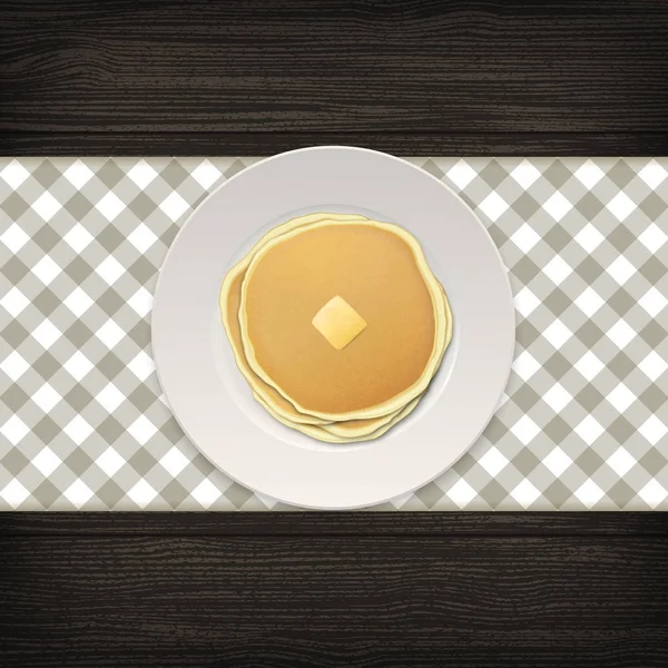 Реалистичный блинчик с кусочком масла на белой тарелке крупным планом на деревянном фоне, вид сверху. Дизайн искушает завтрак, меню и домашнюю концепцию. Векторная иллюстрация EPS10 — стоковый вектор