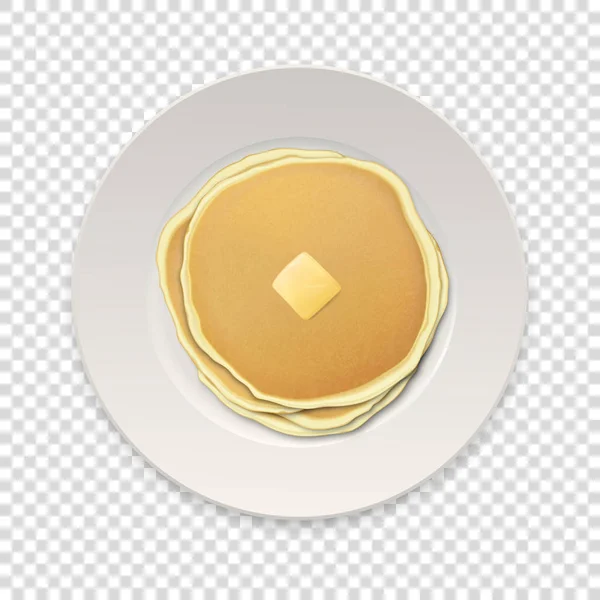 Realistic pancakes with a piece of butter on a white plate closeup isolated on transparency grid background, top view. Design template, breakfast, food menu and homestyle concept. Vector illustration — Stock Vector