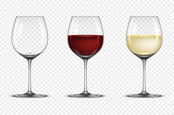 Conjunto de iconos de copa de vino realista vectorial: vacío, con vino blanco y tinto, aislado sobre fondo transparente. Plantilla de diseño en EPS10 . — Vector de stock