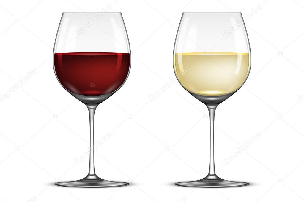 Vector realistic wineglass icon set - with white and red wine, isolated on white background. Design template in EPS10.