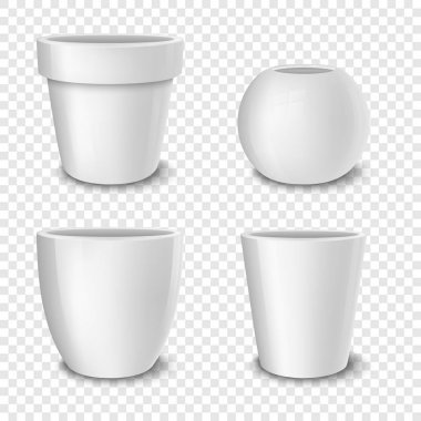 Gerçekçi vektör beyaz boş çiçek pot set. Saydam arka plan üzerinde izole kapatmak. Marka, mockup için şablon tasarlayın. Eps10.