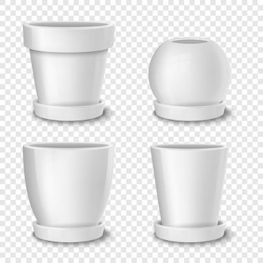 Gerçekçi vektör beyaz boş saksıyı plaka ile ayarlayın. Saydam arka plan üzerinde izole kapatmak. Marka, mockup için şablon tasarlayın. Eps10.